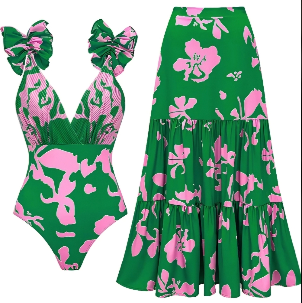 FLAXMAKER Tropical 2-Pc Set: Ruffle One-Piece & Maxi Skirt M 🌴💖